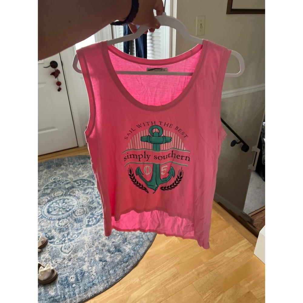 Simply Southern "Sail With The Best 05" Women's Pink Graphic Tank Top M Anchor